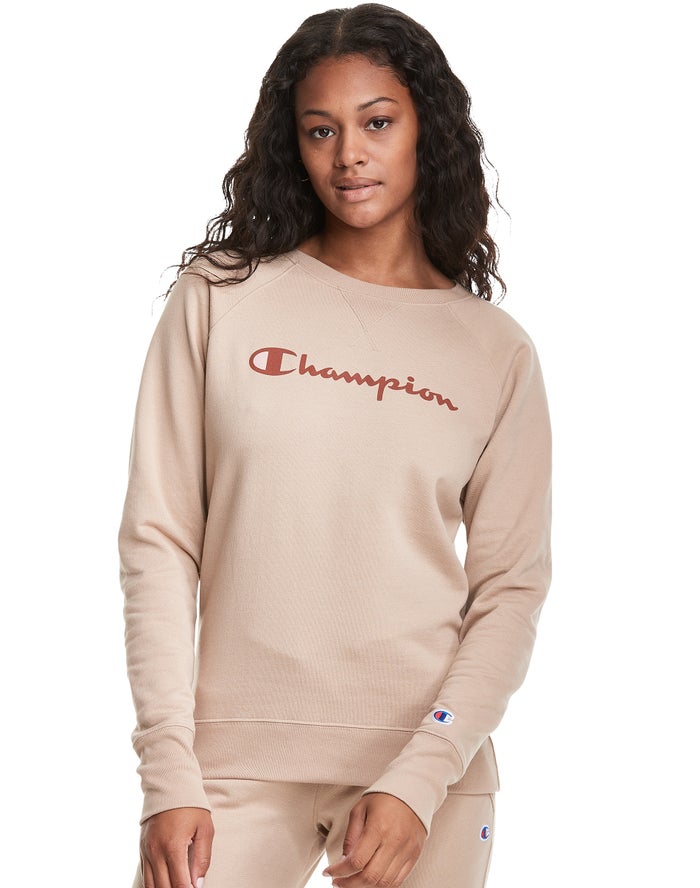 Champion Dame Sweatshirt Khaki - Powerblend Fleece Classic Crew Script Logo - Danmark FXE-780234